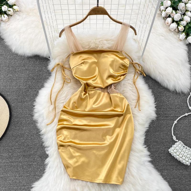 

Casual Dresses Sexy Gold Strapless Satin Dress Spice Girl Sleeveless Hollow Out Stretch Slip Tight Hip Wrap For Women Nightclub, Black