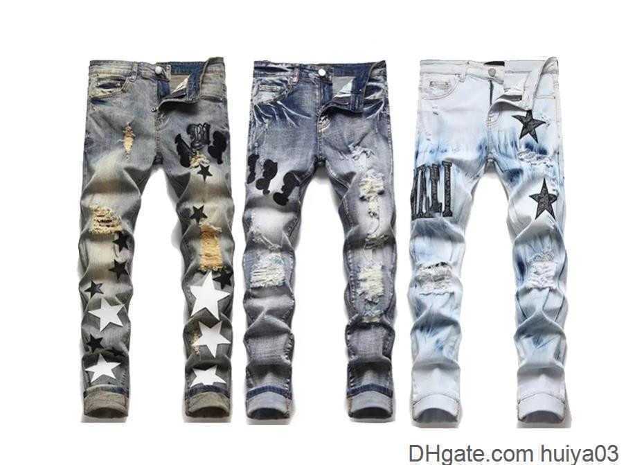 

jeans Mens Letter star hoel designer loose Embroidery Patchwork Ripped For Trend Brand Motorcycle Pant Mens Skinny clothing huiya03 000