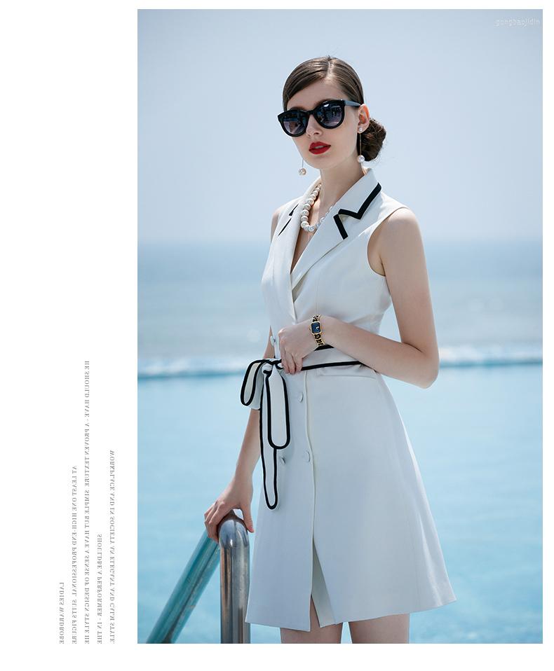 

Casual Dresses 2023 Fashion Women Summer Elegant Office Lady Formal Work Wear Slim Sleeveless Vintage Belt Double Breasted V Neck, Black