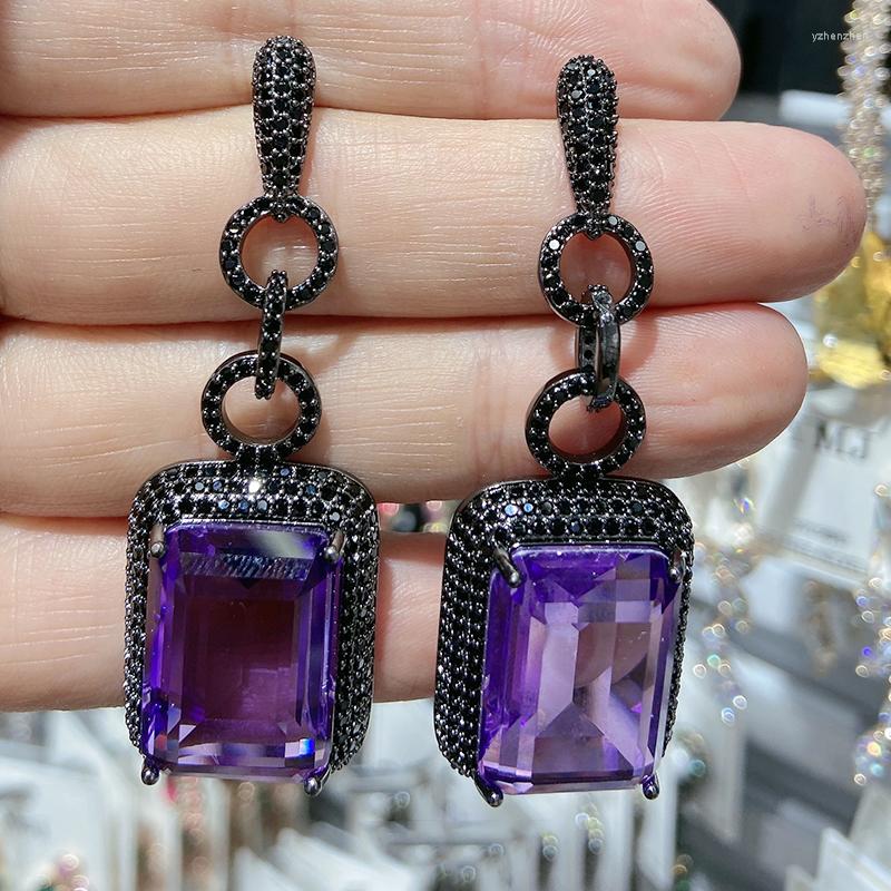 

Dangle Earrings Luxury Jewelry For Women 2023 Trendy Purple Green Cubic Zirconia Rectangle Drop Woman Wedding Party Gift
