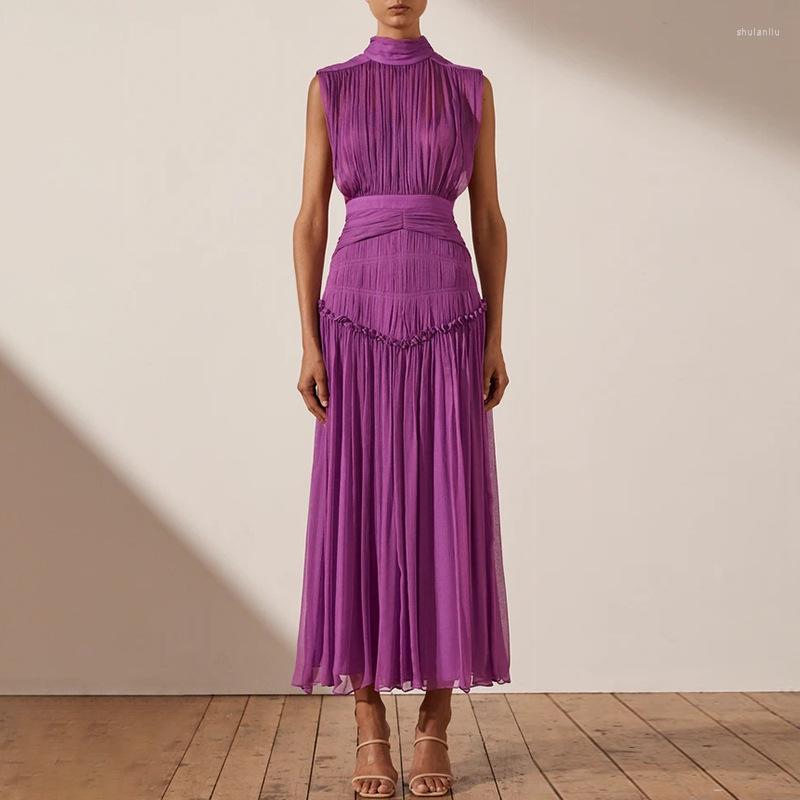 

Casual Dresses 2023 Summer Elegant Purple Long Chiffon Stand Collar Sleeveless A-line Tank Vestidos, White