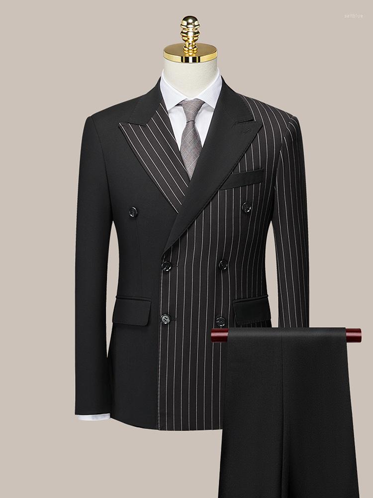 

Men's Suits Mix Color Black Stripe Men Set Double Breasted Blazer Pant Slim Leisure Formal Wedding Groom Clothing Business Man Wear