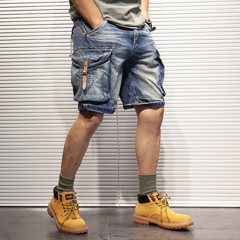 

Men's Shorts Men's Denim Retro Loose Side Pockets Leather Buckle Cargo Summer Jeans Male, Blue