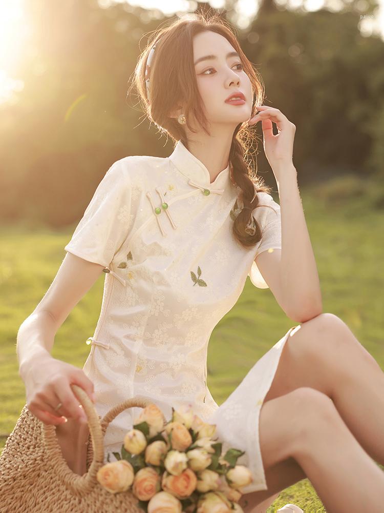 

Ethnic Clothing Printed Cheongsam Clothes Improved Dress Chinese Style Young Mid-length Girl Summer Retro Lace White Qipao