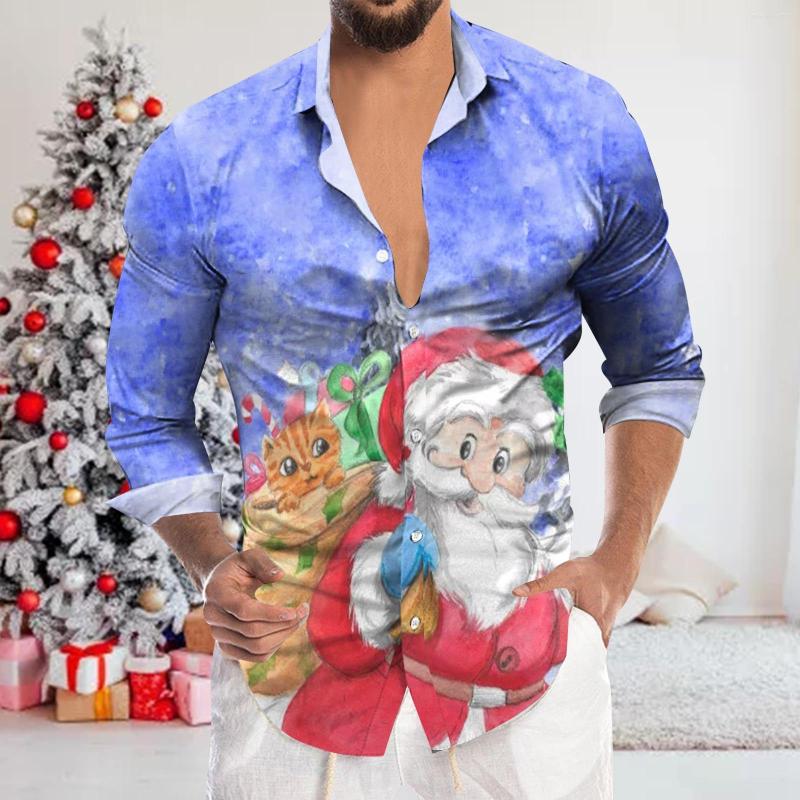 

Men's Casual Shirts Men's Christmas Santa Claus 3d Print Long Sleeve Lapel Shirt Hawaiian Style Button Tops Blusa For Party Holiday, 2-f