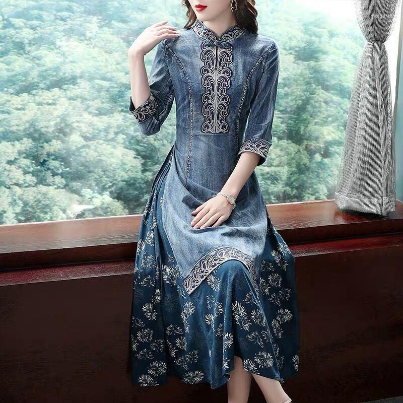 

Ethnic Clothing 2023 Women Improved Qipao Denim Dress Elegant Mandarin Collar Cheongsam National Flower Embroidery Oriental