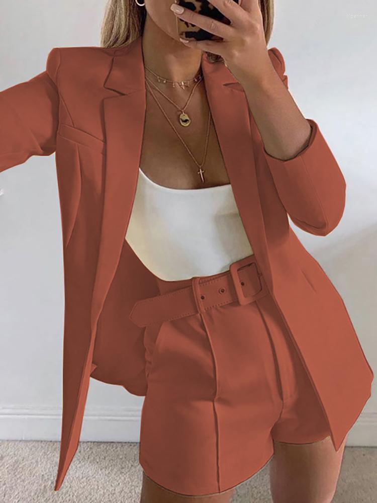 

Women' Tracksuits Office Lady Slim Chic Solid Blazer Shorts Suit Summer Long Sleeve Top Sashes Set Women Elegant Two Piece, 17 brown
