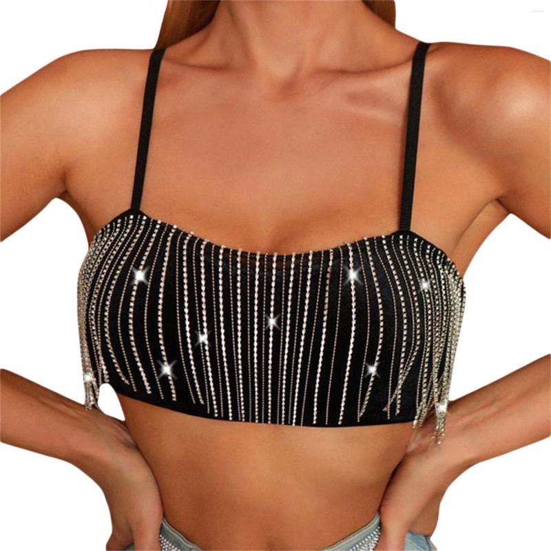

Women' Tanks Summer Women Slim-fit Tank Tops Adults Sleeveless Rhinestone Tassel Boat Neck Spaghetti Strap Crop Sexy Girls Top, Black