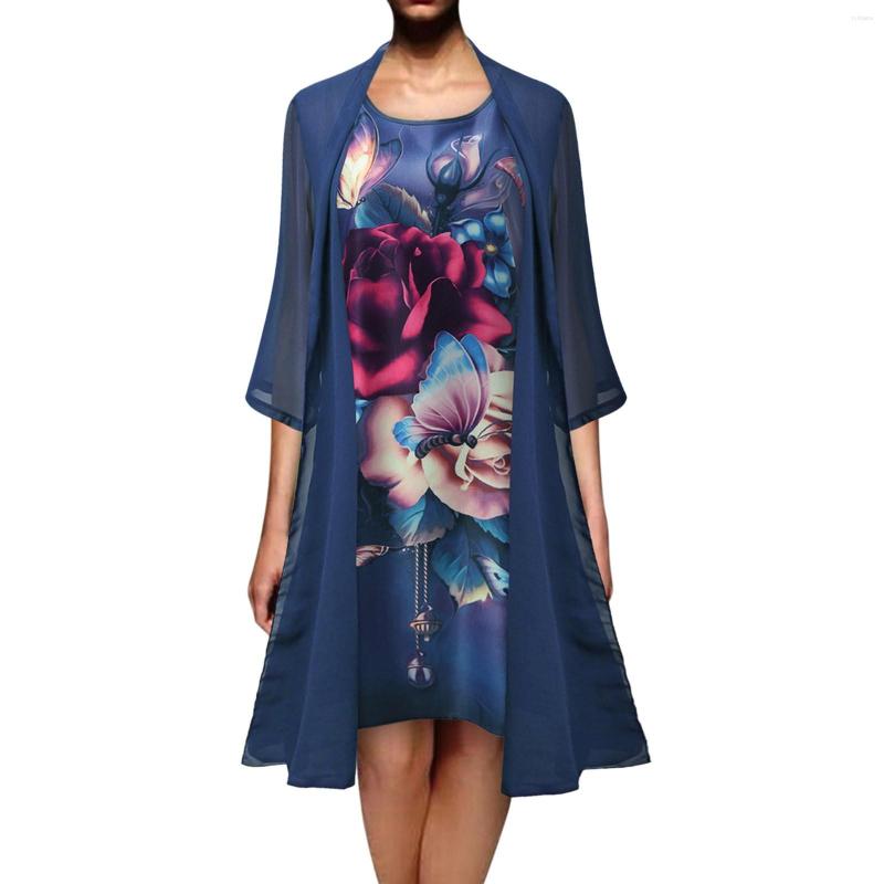 

Casual Dresses Women Boho Print Dress Loose O-Neck Long Half Sleeve Chiffon Shawl Cardigan Fashion Women's, Blue