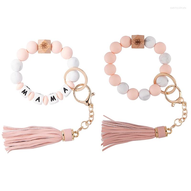 

Charm Bracelets 2 Pieces Silicone Bracelet Key Ring Beaded Wristlet For Women Round Chain With Leather Tassel Gifts