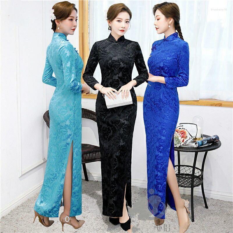 

Ethnic Clothing Red Wrist Sleeve Long Golden Velvet Cheongsam Slim Mother Dress Elegant Printing Evening Dresses Flocking Thickened Qipao