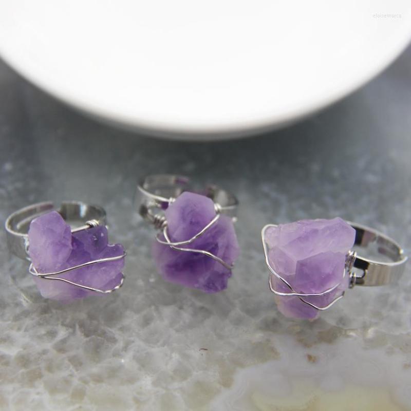 

Wedding Rings Irregular Natural Amethyst Nugget Adjustable Finger Healing Energy Purple Quartz Crystal Jewellry Gift For Women