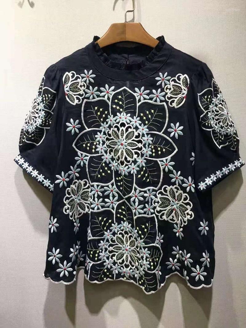 

Women' Blouses High Quality Linen Tops 2023 Summer Fashion Women Lurex Embroidery Flowers Short Sleeve Casual Vintage Dark Blue, Picture shown