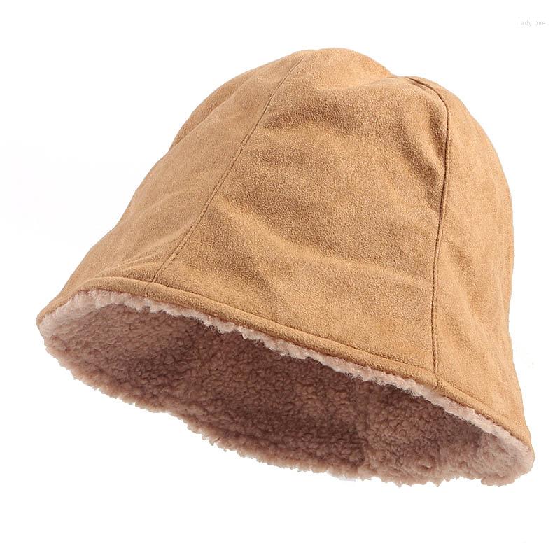 

Berets Thick Lamb Wool Bucket Hat Women Winter 2023 Autumn Warm Faux Fur Fisherman Cap Scarf Suit Women's Hats, Beige
