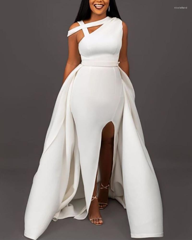

Casual Dresses White Sleeveless One Shoulder Temperament Split Ruffles Plus Size 3XL Loose Dress For Women