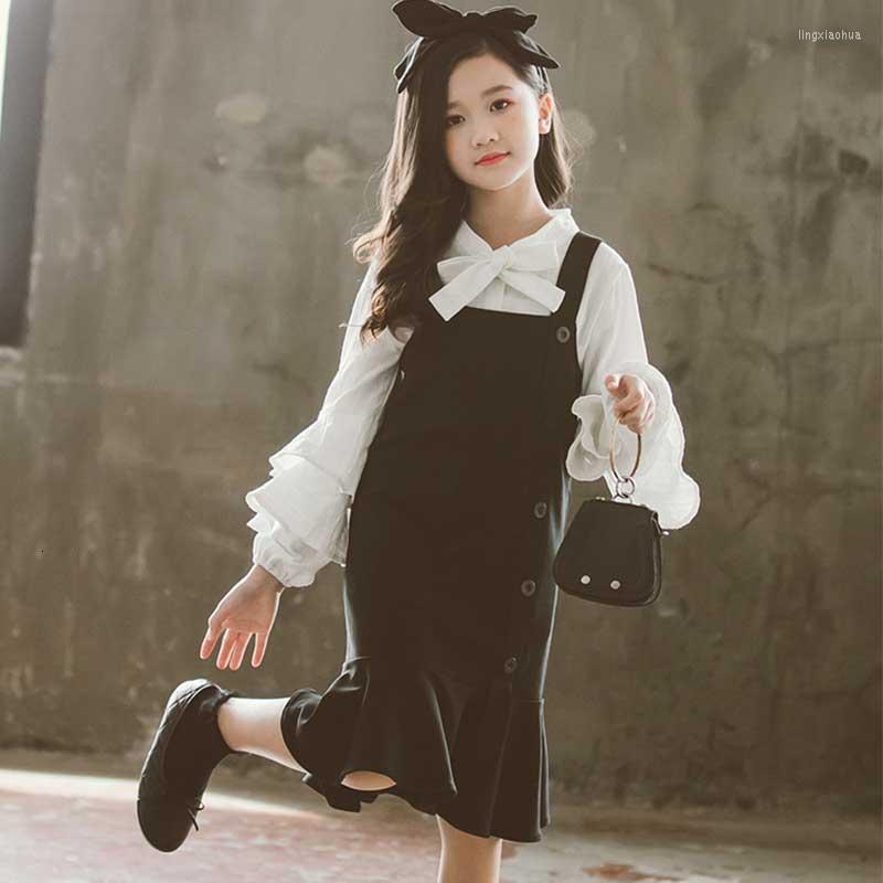 

Clothing Sets Girls Clothes School Girl Suit Teenage Autumn Children Set Bow Shirt Dress Kids 2 PCS Suits For, Black