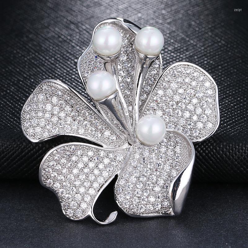 

Stud Earrings Fashion Flower White Gold/Rose Gold Color Cubic Zircon Brooch For Women Wedding Gift