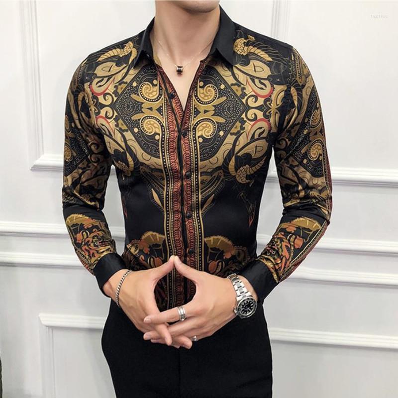 

Men's Dress Shirts Luxury Print Men's Shirt Fashion Club Clothing Mens Designer Brand Floral Slim Long Sleeve Camisa Baroque Party, 2135