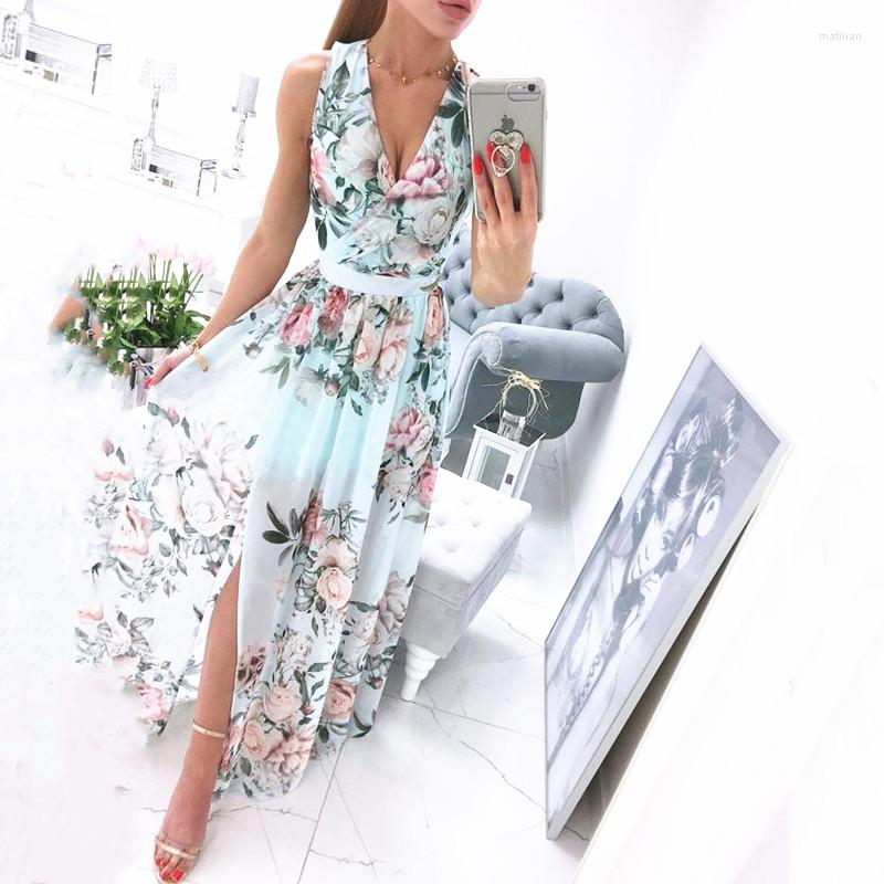 

Casual Dresses Women' Summer Dress Sleeveless Chiffon Maxi Sexy Deep V Neck Floral Print Tunic Split Elegant Party Holiday Robes, Blue