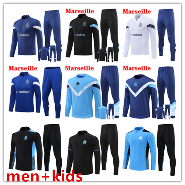 

2022 2023 Half zipper Marseilles Soccer trascksuit PAYET GUENDOUZI KAMARA Men Football Training Suit Olympique de MarseilleS adult and kids Survetement Maillot, 01