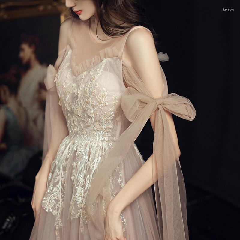 

Ethnic Clothing Champagne Toast Dress Bride Wedding Looks Thin Crew Neck Evening Skirt Female Banquet Temperament Bow Tie