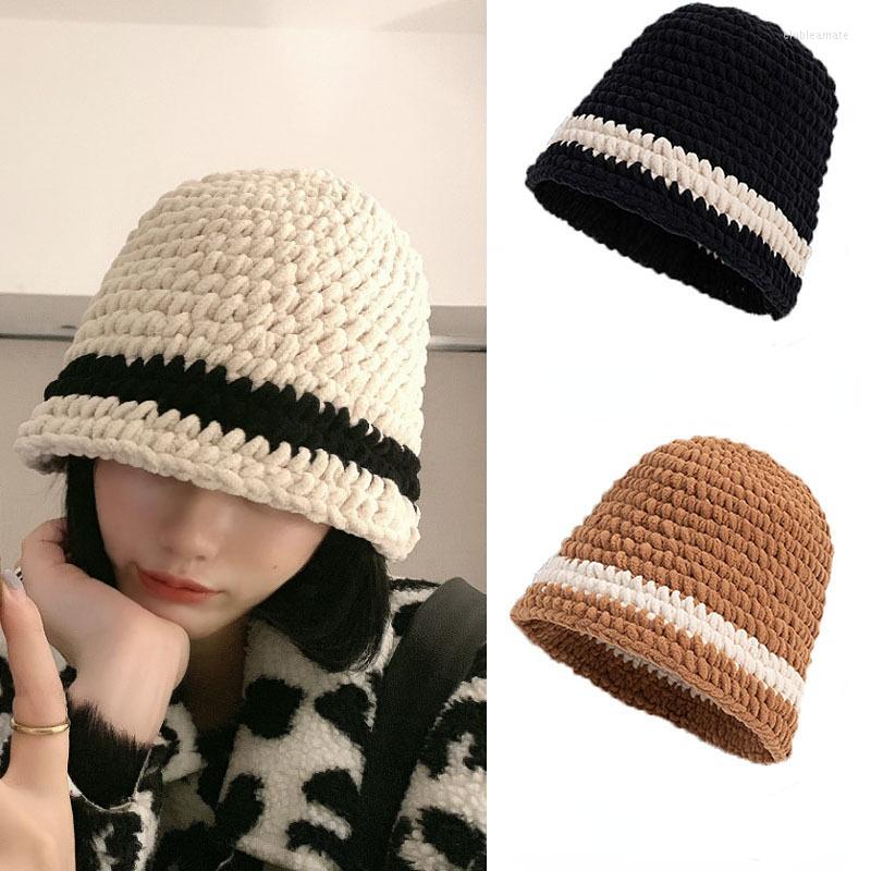 

Berets Korean Winter Hats For Women Fashion Warm Keeping Color Contrast Knitted Woolen Bucket Fisherman Hat Versatile Bonnets, Beige