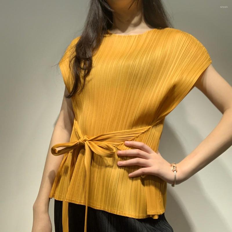

Women's Blouses 2023 Summer Sleeveless Shirt Miyake Aesthetic Pleated Clothes Crop Top Woman Tshirts Sashes Adjustment Thin Elegant Blouse, Sky blue