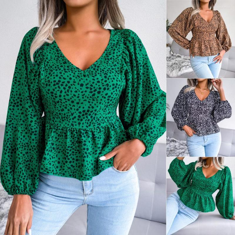 

Women' Blouses Floral Print Green Blouse Women Summer Spring Long Sleeve Ruffles Blusas Casual Regular Sexy V Neck Tops 2023