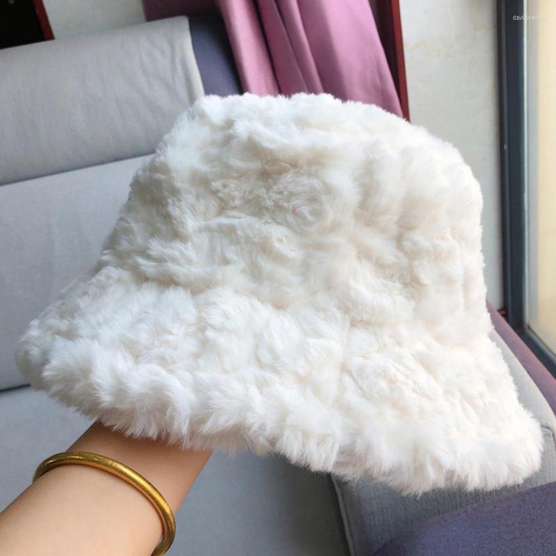 

Berets Trendy Women Fisherman Hat Flat Top Lady Winter Thicken  Keep Warm, White