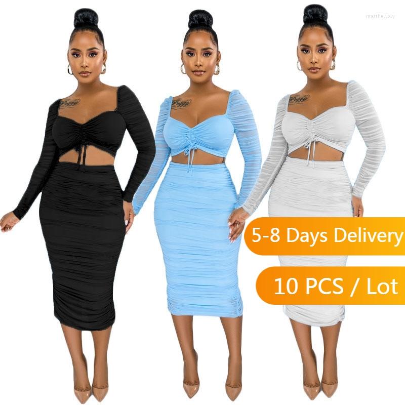 

Work Dresses Wholesale Items Autumn Ruched Two Piece Set Women Mesh Patchwork Crop Top And Midi Skirt Club Solid Bodycon Birthday Outfits, Black