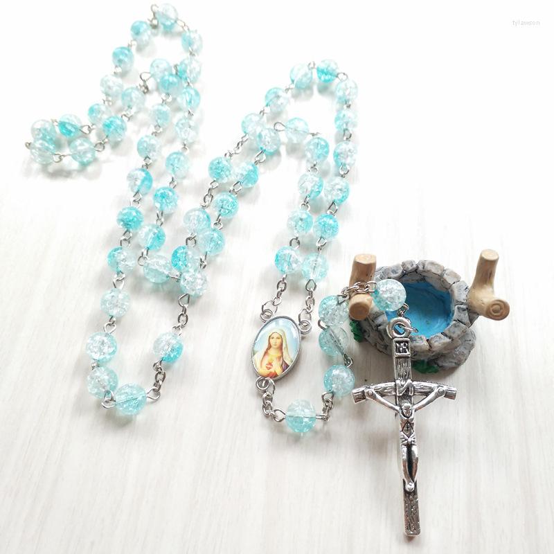 

Pendant Necklaces 8mm Blue Acrylic Beads Handmade ROSLIN Catholic Prayer Necklace Jesus Cross Charm Strand Chain Beauty Jewelry