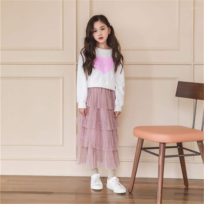 

Clothing Sets Fashion Sequins Heart Pullover And Long Mesh Skirt Suit Fall Children Clothes Toddler Girls Glitter Sweater Cake Layers, 97701 red