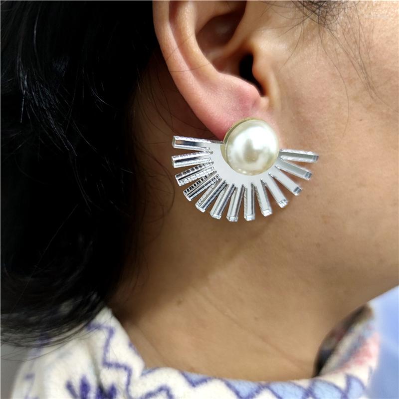 

Stud Earrings KUGUYS Fan Hollow Out Sunflower Imitation Pearl For Women Acrylic Jewelry Fashion Trendy Mirror Gold Silver Color