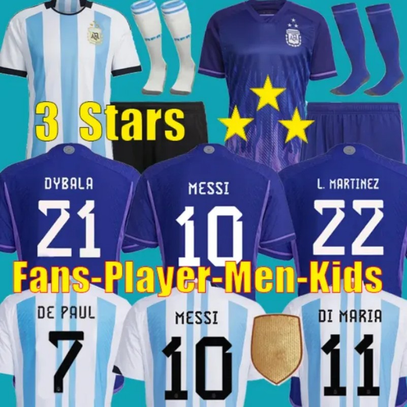 

3 Stars Argentina Soccer Jerseys MESSIS Fra nce Maillots de football Kids kit 2022 Player Version MBAPPE ALVAREZ DE PAUL DI MARIA T Shirt Long Sleeve Uniforms, Women 2022 home