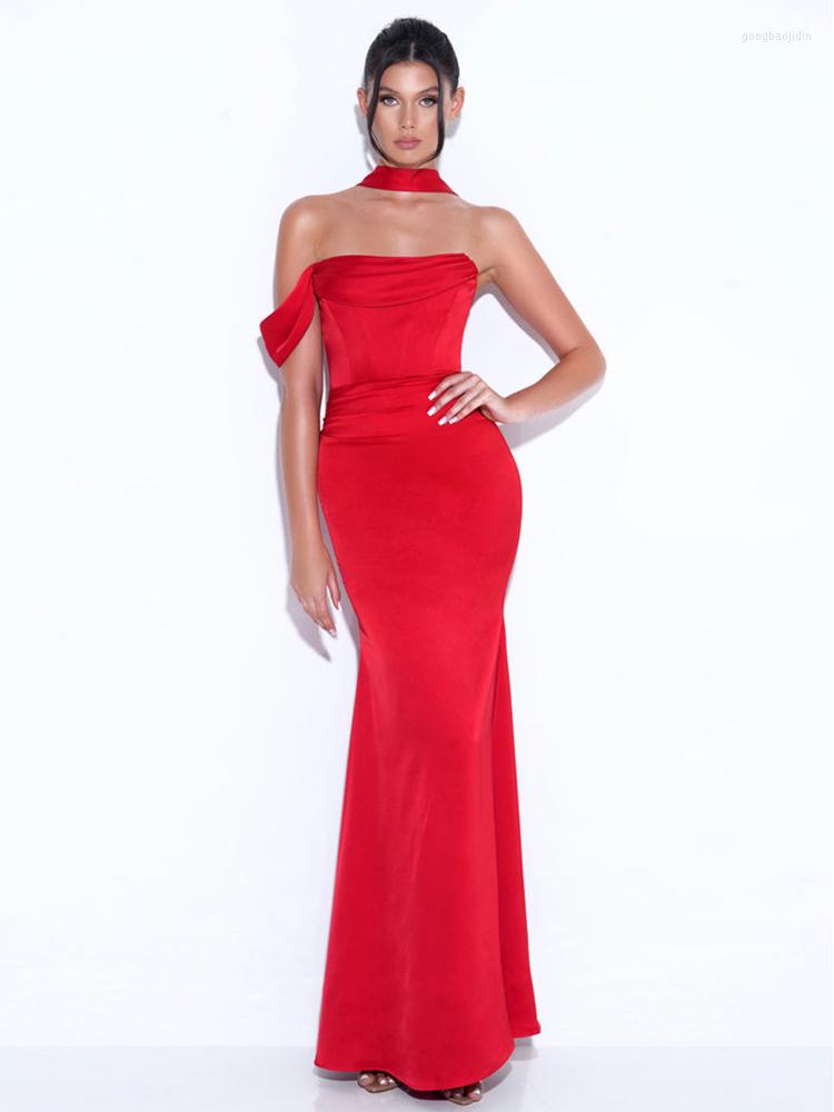 

Casual Dresses Sexy One Sleeve Halter Satin Pleated Bodycon Long Mermaid Dress Elegant Red Backless Hollow Lace-up Party Cocktail Club