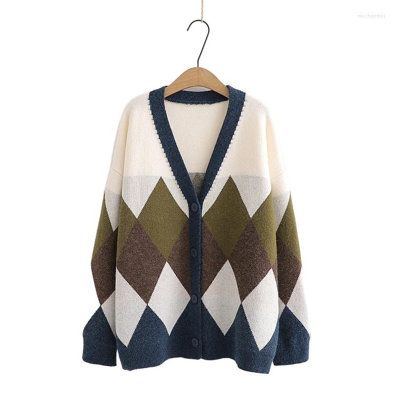 

Women's Knits 2023 Winter Knitted Women Cardigan Argyle Jacquard V-neck Long Sleeve Warm Sweater Coat Preppy Style Girl Sweet Knitwear, Color 2