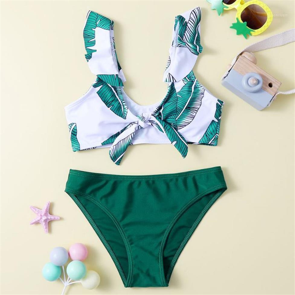 

One-Piece Suits Girls Ruffle Bikini Swimsuit Kids Tropical Leaf Two Piece Children's Swimwear Tie Up Bathing Suit 7-14Years B266z