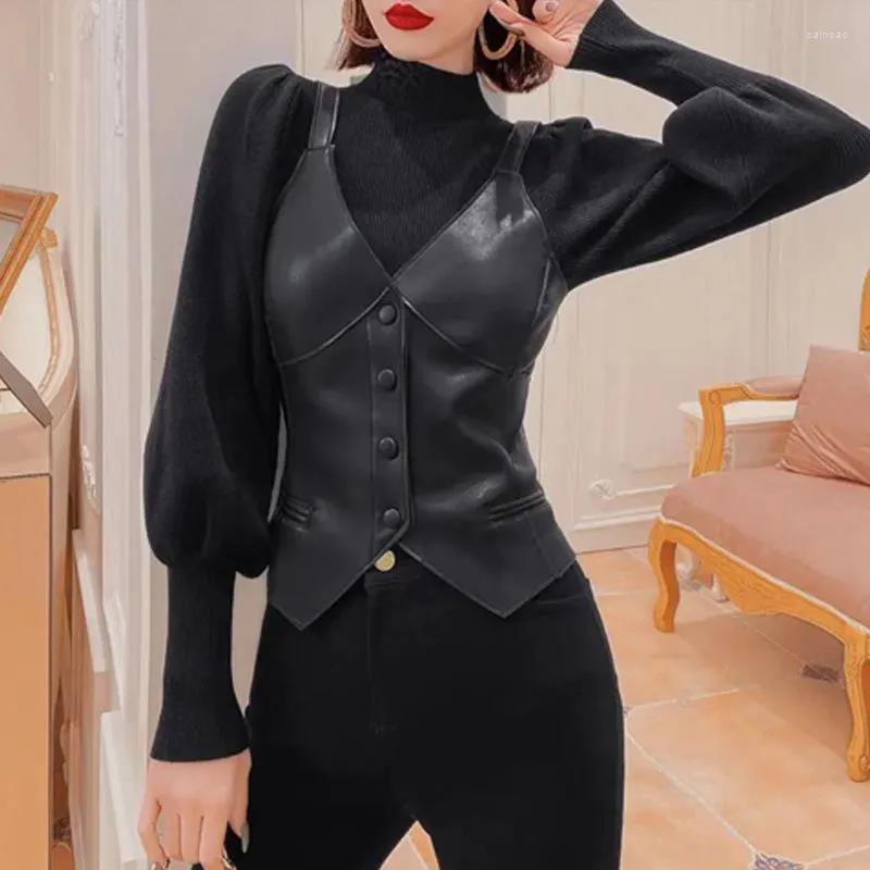 

Women' Vests Vintage Cropped PU Leather Vest For Women V-neck Button Slim Waistcoat 2023 Spring Autumn Sleeveless Jacket Female Streetwear, Black
