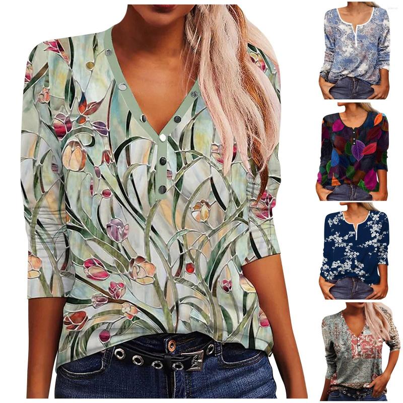 

Women's T Shirts 2023 Autumn Women's Fashion Loose Hem Long Sleeve V-Neck Oversized T-shirt Vintage Print Pullover Elegant Tops Tee, Green
