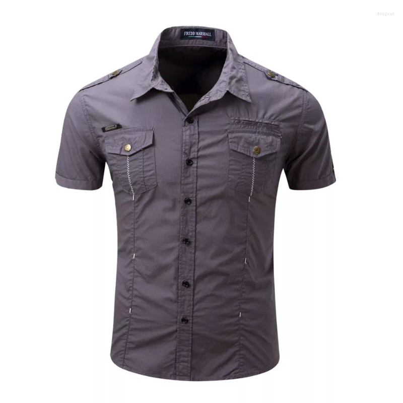 

Men's Casual Shirts 2023 Quality Mens Cargo Shirt Men Solid Short Sleeve Work With Wash Standard US Size Cotton, Khaki1