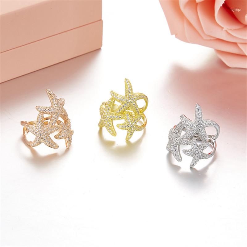 

Cluster Rings SOELLE Brand Design Pure 925 Sterling Silver Three Starfish Ring Full Micro Pave CZ Zircon Stones For Women Fine Jewelry
