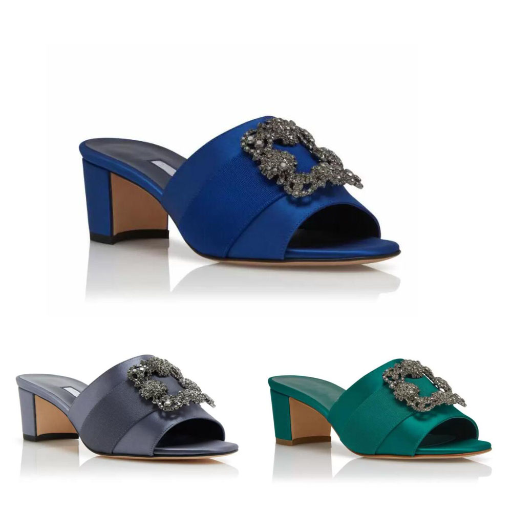 

Summer Martnew Sandals Leather Satin Women's Slippers Jewelry Buckles Square Crystal Mule Non slip Block Heels Elegant Women Show Sexy Charm