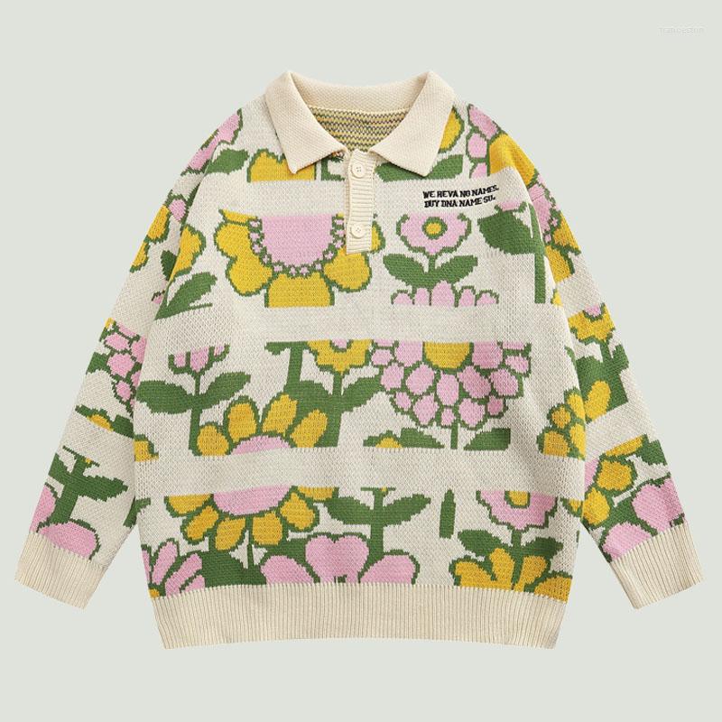 

Men's Sweaters Streetwear Knitted Mens Retro Color Blocked Sunflower Graphic Jumper Harajuku Casual Loose Lapel Cotton Pullover Unisex, Green