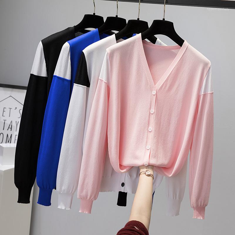 

Women's Knits Patchwork Striped Knitted Cardigan Sweater Women 2023 SUMMER Black White V-Neck Long Sleeve Casual Button Jacket Sweaters, Pink