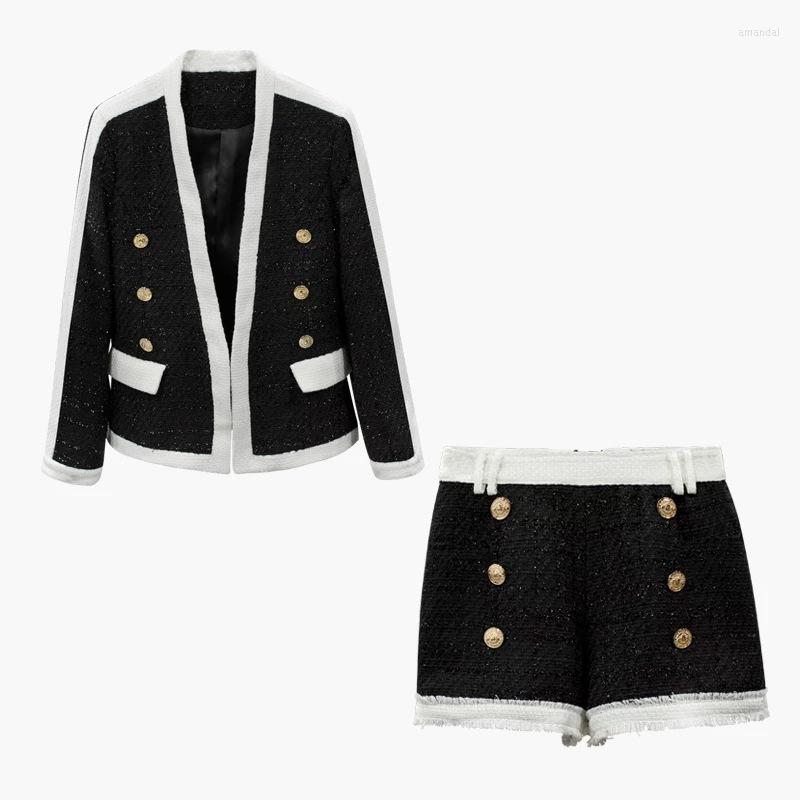

Women' Tracksuits High Quality Autumn And Winter Fashion Woemn' Black White Colorblock Bright Silk Tweed Collarless Blazer Shorts 2pcs