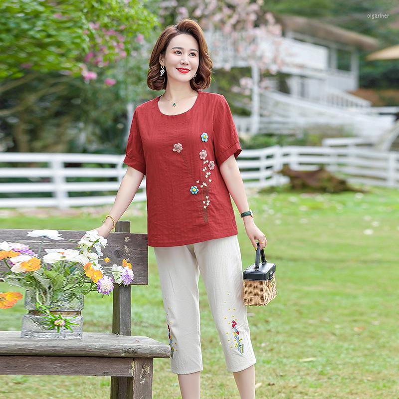 

Women's Tracksuits Summer Set Women Short Sleeve Fashion Cotton And Linen Tops Pants Suits Embroidered Flowers Casual 2 Piece Sets Womens, Turquoise