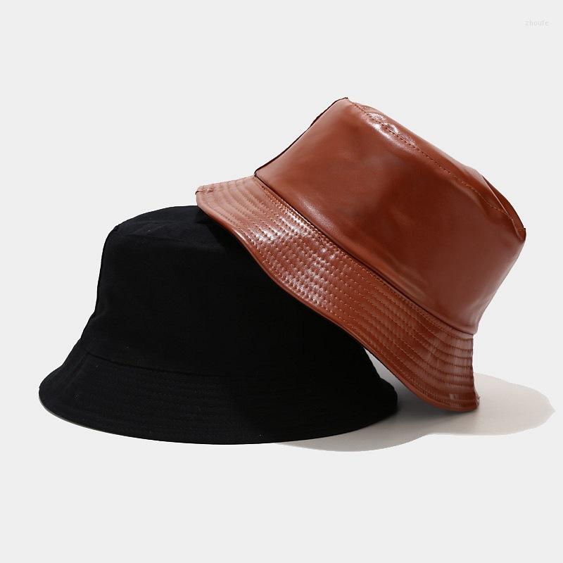 

Berets PU Leather Bucket Hat Cap Men Top Lady Sun Male Female Summer Hip Hop Bob Chapeau Femme, Black