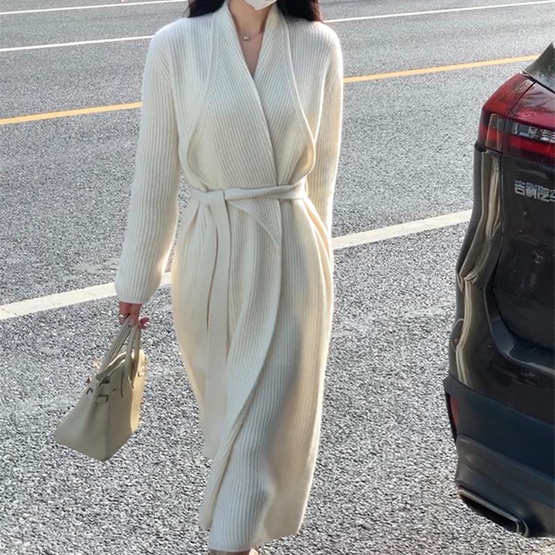 

Women's Knits Women Spring Autumn Long Cardigan With Belt Knitted Sweater Sleeve Female Casual Streetwear Open Stitch Elegant Coats, Khaki