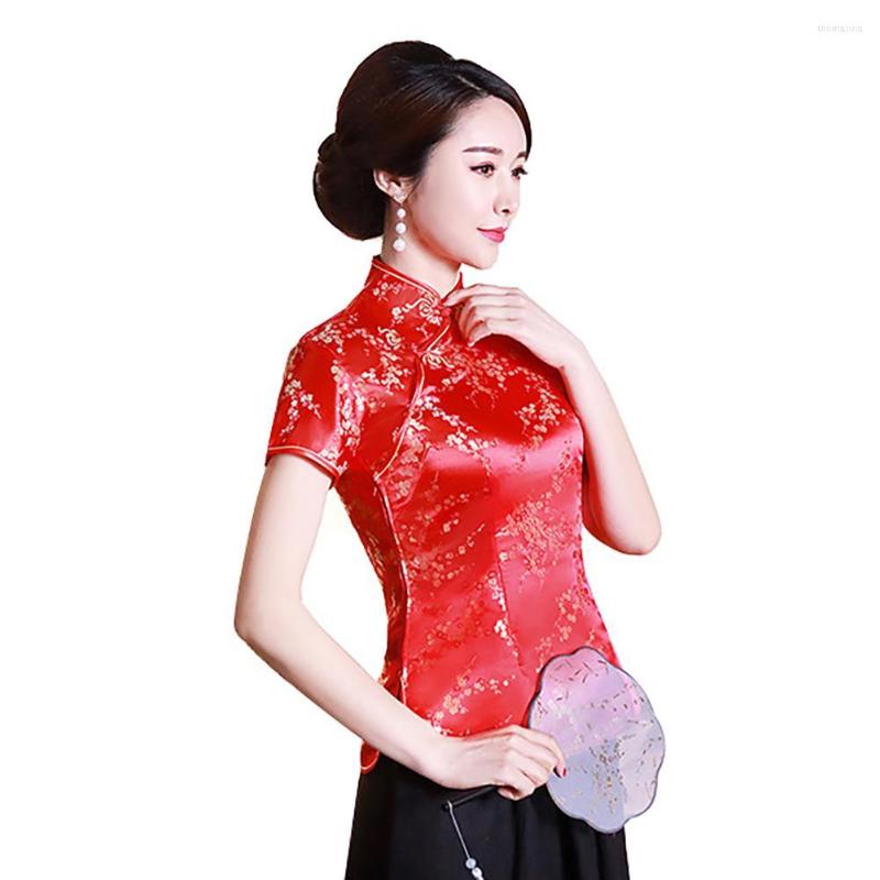

Ethnic Clothing Elegant Women Chinese Plum Blossom Short Sleeve Stand Collar Buttons Slim Blouse Shirt Lady Traditional