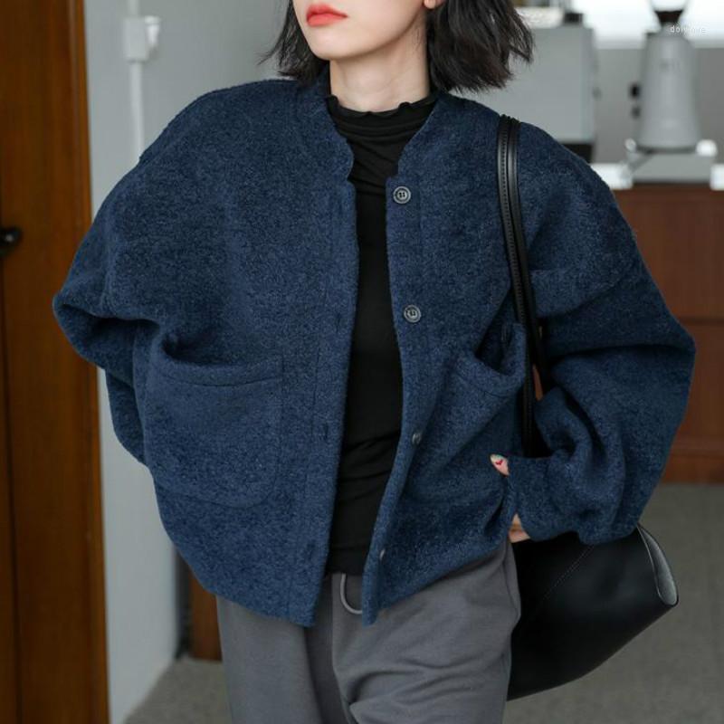 

Women' Jackets Basic Women All-match Solid Teenagers Trendy Pockets Long Sleeve BF Casual Jacket Lady Clothes Navy Blue Ulzzang